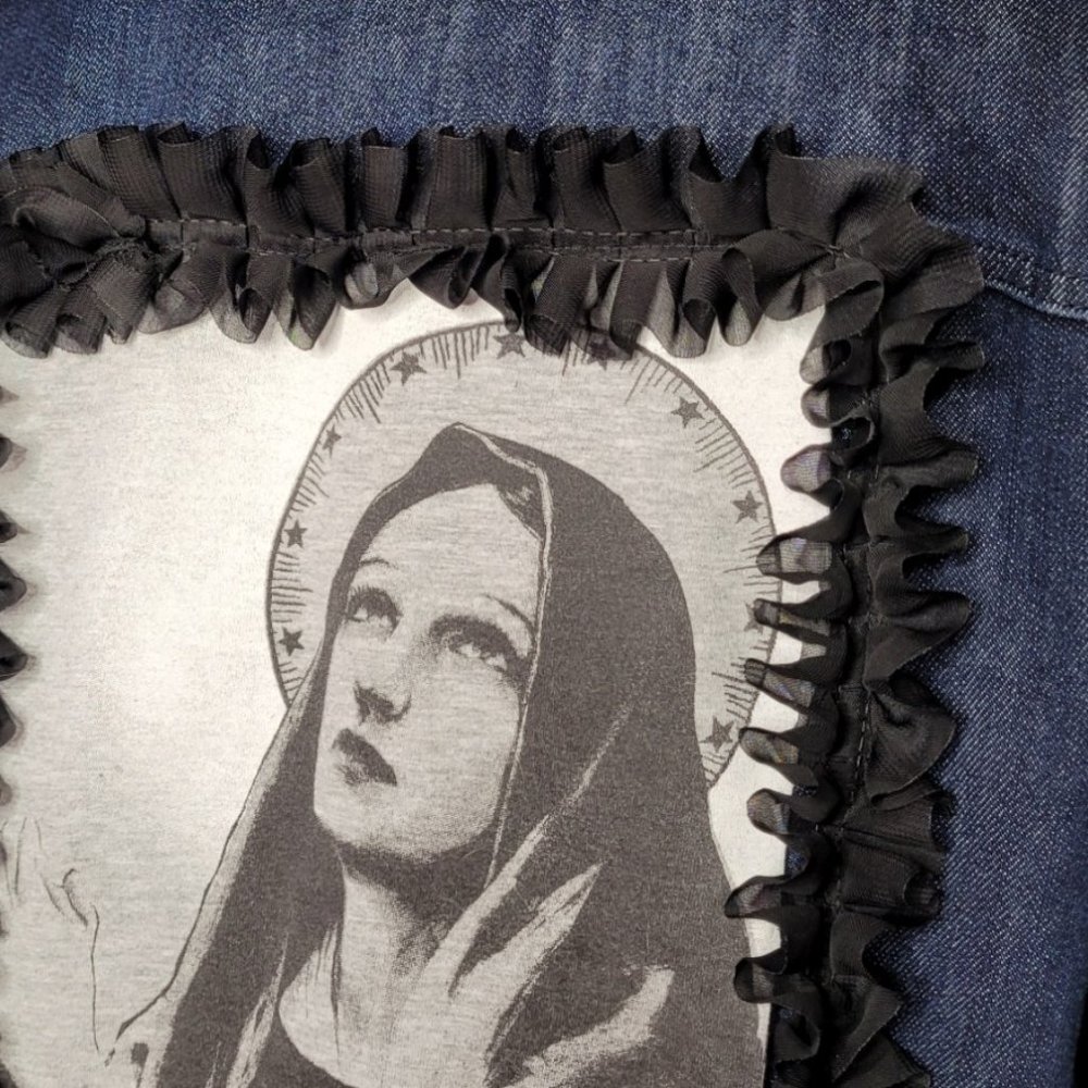 Religious Saint Mary Denim Jacket Refashioned Hand Crafted - Picture 2 of 7
